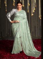 Soft Tissue Silk  Sea Green Party Wear Embroidery Work Saree